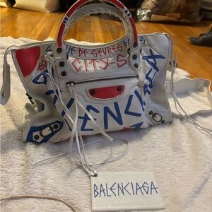 Balenciaga White and Blue Graffiti Satchel